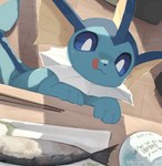 ambiguous_gender black_nose blue_body blue_sclera detailed_background eeveelution feral fin generation_1_pokemon licking licking_lips looking_at_food looking_at_object multicolored_body nagasaki_wonderful_polyester nintendo on_hind_legs pokemon pokemon_(species) quadruped shadow solo tongue vaporeon white_body white_eyes yellow_body