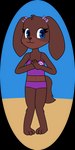 1:2 2022 4_fingers alpha_channel anthro bare_shoulders beach bikini biped bird_dog blue_eyes bow_(feature) bow_accessory breasts brown_body brown_fur brown_nose canid canine canis cheek_tuft circle_background clasped_hands cleavage clothed clothing cocker_spaniel digital_drawing_(artwork) digital_media_(artwork) dog_ears dog_tail domestic_dog ear_bow evelyn_(pazymomo) eyelashes facial_tuft female fingers flat_colors footprint full-length_portrait fully_clothed fur hands_together hands_together_elbows_apart hi_res hunting_dog leg_tuft looking_aside mammal midriff navel outside pawprint pawprint_bikini pawprint_swimwear paws pazymomo portrait purple_bikini purple_bikini_bottom purple_bikini_top purple_bow purple_clothing purple_swimwear sand seaside smile solo spaniel standing swimwear tail tankini tuft twin_bows twin_ear_bows two-piece_swimsuit