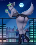 almond_deer anthro balcony beverage boots brand_new_animal breasts bubble_butt butt city cityscape clothed clothing cool_colors dress ear_piercing ear_ring eyewear female footwear hi_res high_heeled_boots high_heels holding_object looking_at_viewer looking_back mammal marie_itami minidress mink moon mustelid musteline night outside panties piercing presenting presenting_hindquarters ring_piercing shoes sky smile solo studio_trigger tail true_musteline underwear upskirt