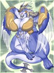 anthro big_breasts blonde_hair breasts clothed clothing dragon duel_monster feathered_wings feathers female hair hi_res horn konami mythological_creature mythological_scalie mythology saffira_queen_of_dragons scalie solo sya tail wings yu-gi-oh!