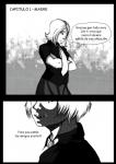 clothed clothing comic greyscale hi_res human mammal monochrome not_furry scarlett_(whiterabbit95) solo sora_(whiterabbit95) spanish_text speech_bubble text translated whiterabbit95