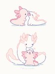 ambiguous_gender amphibian axolotl bodily_fluids chibi crying duo growth headpat marine mole_salamander motion_lines salamander signature size_difference tail tears unknown_species yura_inaho