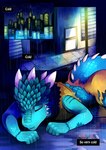 2018 alley anonymous_artist anthro biped blue_body blue_scales city clothed clothing colored comic english_text female hi_res horn kobold outside raining scales scalie solo tail text zuka_(fragile_findings)