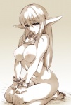 big_breasts blush breasts chain collar cuff_(restraint) elf feet female gradient_background hair hisahiko humanoid humanoid_face humanoid_feet humanoid_hands humanoid_pointy_ears kneeling long_hair monochrome nipples not_furry nude plantigrade pointy_ears restraints shackles simple_background slave solo