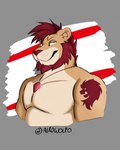 aikowolfo anthro beard black_hair facial_hair felid flag green_eyes grey_background hair hi_res italian jewelry kodiak_(kodiak079) lion looking_back male mammal musclegut muscular pantherine pendant proud red_flag simple_background solo tattoo white_flag