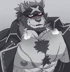 2024 abs accessory anothereidos_of_dragon_vein_r anthro barazoku beard big_muscles big_pecs biped black_beard black_facial_hair breath bust_portrait canid canine canis chest_scar chest_tuft clothed clothing coat facial_hair fangs full_house_(anothereidos_r) grey_background greyscale headband hi_res huge_muscles juggermelon kemono looking_at_viewer male mammal manly monochrome muscular muscular_anthro muscular_male nipple_piercing nipples open_clothing open_coat open_mouth open_smile open_topwear pecs piercing portrait scar shaded sharp_teeth simple_background smile smiling_at_viewer solo teeth topwear tuft wolf