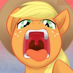 1:1 2022 applejack_(mlp) blonde_hair clothing cowboy_hat digital_media_(artwork) earth_pony equid equine female feral freckles friendship_is_magic fur gaping_mouth gesture green_eyes gum-k hair hand_gesture hasbro hat headgear headwear hi_res horse mammal mouth_shot my_little_pony open_mouth orange_body orange_fur pointing pointing_at_mouth pony presenting_mouth solo uvula