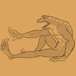 1:1 abs amphibian anthro awarebear frog male mid_transformation muscular muscular_anthro muscular_male nipples nude orange_background simple_background sitting solo stretching transformation werecreature werefrog