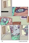 2:3 bastriw bed bedroom canid canine canis comic dialogue electronics english_text eyes_closed furniture green_eyes hi_res male mammal nico_(bastriw) portable_music_player text url window wolf young