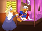 anatid anseriform anthro avian avian_feet barefoot beak bedroom bedroom_eyes bird blonde_hair bottomless bottomless_male boyfriend/girlfriend breasts clothed clothing comedic daisy_duck disney donald_duck duck duo excited_expression excited_male eyeshadow feet female fleur-de-lis hair half_naked heart_beating heart_eyes heart_symbol hi_res humor kinkypeach makeup male male/female membrane_(anatomy) musketeer narrowed_eyes non-mammal_breasts open_mouth partially_clothed rear_view relaxed_expression romantic royalty scuted_legs scutes seductive smile soles the_three_musketeers_(disney) toes undressing webbed_feet