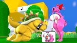 16:9 3d_(artwork) anthro areola big_breasts birdo birdo_(character) bow_accessory bowser breasts butt claws clitoris cobaltapple collar detailed_background digital_media_(artwork) duo exclamation_point feet female genitals grass hair hi_res humanoid kabalmystic_(artist) koopa male mammal mario_bros muscular nintendo nipples nude outside pink_body plant pregnant pussy reptile scalie siphon_(anatomy) spikes tail thick_thighs toe_claws tree widescreen