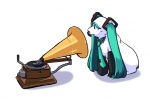 ambiguous_gender arm_warmers armwear black_nose blush canid canine clothing cosplay electronics feral fur gramophone green_hair hair hatsune_miku his_master's_voice mammal microphone necktie parody shadow simple_background sitting solo suzuuchi_yayoi vocaloid white_background white_body white_fur