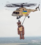 2022 aircraft animatronic anthro bear black_sclera bow_tie brown_body brown_fur camo city city_background digital_media_(artwork) five_nights_at_freddy's flying freddy_(fnaf) fur helicopter inanimate_object japversus machine male mammal meme mi-8 midair military military_vehicle necktie photo_background photography_(artwork) politics robot scottgames shitpost sky solo suspension tryzub ukraine ukrainian_flag vehicle what wheel white_eyes