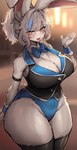 anthro armband big_breasts blue_highlights blurred_background blush bow_tie breasts buckteeth chest_tuft cleavage clothed clothing curvy_figure female fur gesture glowing glowing_eyes grey_body grey_fur grey_hair hair hi_res highlights_(coloring) inside kemono lagomorph legwear leotard leporid long_ears looking_at_viewer mammal open_mouth open_smile ponytail portrait rabbit shirt_collar shirt_cuffs smile solo stockings suurin_2 teeth thick_thighs three-quarter_portrait topwear tuft vest wide_hips yellow_eyes