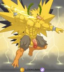 2021 3_toes 5_fingers abs anthro anthrofied avian balls beak biceps big_muscles biped bracelet_only casual_nudity cuffs_(clothing) deity electricity electricity_manipulation elemental_manipulation european_mythology feathers feet fingers flaccid flying generation_1_pokemon genitals glans greek_mythology hi_res huge_muscles humanoid_genitalia humanoid_penis laurel_wreath legendary_pokemon lightning lightning_bolt lovkuma male midair muscular muscular_anthro muscular_male mythology nintendo nipples nude pecs penis pink_glans pink_nipples pink_penis plantigrade pokemon pokemon_(species) pokemorph pubes signature solo tail tail_feathers talons text toes triceps vein veiny_penis wings yellow_balls yellow_beak yellow_body yellow_feathers zapdos zeus