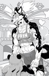 2020 anthro bared_teeth bear canid canine canis clothing comic daigaijin female freydar_(furryfight_chronicles) furryfight_chronicles giant_panda hi_res larger_female mammal menace midriff monochrome muscular muscular_female shirt size_difference text text_on_clothing text_on_shirt text_on_topwear topwear wolf