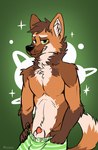 aidan_(sah) animal_genitalia anthro arm_tuft balls_in_underwear black_nose boxer_briefs boxers_(clothing) brown_body brown_fur brown_hair canid canine cheek_tuft chest_tuft clothed clothing elbow_tuft facial_tuft fangs front_view fur genitals glistening glistening_eyes glistening_nose green_clothing green_eyes green_underwear hair half-closed_eyes hi_res holding_clothing holding_object holding_underwear inner_ear_fluff looking_at_viewer male mammal maned_wolf narrowed_eyes neck_tuft orange_body orange_fur pattern_clothing pattern_underwear penis penis_poking_out penis_tip raised_tail red_penis sheath sheath_peek sheath_poking_out short_hair shoulder_tuft simple_background smile solo striped_clothing striped_underwear stripes tail tan_body tan_fur tan_inner_ear_fluff tan_sheath teasing teeth topless tuft underwear urethra yookie