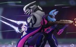 alien anthro armor back_to_back battle blue_body blue_eyes blue_fur canid canine cape cheek_tuft clothing duo energy_sword facial_tuft female fluffy fluffy_tail fur generation_4_pokemon gun halo_(series) hi_res j0lt ketzel99 lucario ma5_series male male/female mammal mandibles melee_weapon microsoft nintendo plasma_gun pokemon pokemon_(species) ranged_weapon rifle rtas_'vadum sangheili spartan_(halo) sword tail tuft weapon xbox_game_studios