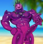 abs absurd_res balls beach_background big_muscles crown epic_games erection fortnite front_view genitals glans glistening glistening_balls glistening_body glistening_genitalia glistening_glans glistening_penis goo_creature goo_humanoid headgear heart_symbol hi_res humanoid humanoid_genitalia immortal_poseidon_(fortnite) jewelry looking_at_viewer male moobs mostly_nude muscular muscular_male navel necklace one_eye_closed pecs penis poseidon_(fortnite) purple_body renishi_(artist) smile solo tongue tongue_out wink