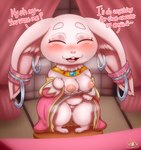 absurd_res anthro big_breasts breasts clothed clothing elke_(shangri-la_frontier) female flustered hi_res highoncoffee lagomorph leporid mammal rabbit shangri-la_frontier skimpy solo thick_thighs undressing vorpal_bunny