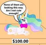 2014 barcode bow_tie crown cutie_mark dialogue digital_media_(artwork) english_text equid equine expensive feathered_wings feathers female feral for_sale friendship_is_magic frown hair hasbro headgear horn horse lying mammal multicolored_hair my_little_pony mythological_creature mythological_equine mythology on_front open_mouth pony price_tag princess_celestia_(mlp) purple_eyes sad self-conscious sign solo speech_bubble text vincentthecrow white_body white_feathers winged_unicorn wings