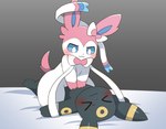 ambiguous/ambiguous ambiguous_gender bed black_body black_fur blue_eyes blush duo eeveelution eyes_closed feral fur furniture generation_2_pokemon generation_6_pokemon looking_at_another nintendo on_bed pinned pokemon pokemon_(species) ribbons_(anatomy) seductive simple_background smile sum sylveon tail umbreon white_body white_fur