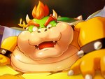 4:3 big_cheeks bowser chubby_cheeks hair hi_res horn male marcoisky mario_bros nintendo obese obese_male open_mouth overweight overweight_male red_hair scalie shocked solo weight_gain