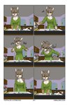 3d_background anthro black_nose border breasts brown_body brown_fur canid canine cheek_tuft chest_tuft cleavage clothed clothing colored comic dipstick_tail dishes facial_tuft female ferra_(vixen_logic) fox foxboy83 fur green_clothing green_shirt green_topwear grey_body grey_fur grey_hair hair hi_res inner_ear_fluff inside kitchen mammal markings purple_eyes shaded shirt sink sneeze solo standing tail tail_markings text tibetan_sand_fox tied_hair tootaloo topwear true_fox tuft url vixen_logic washing_dishes white_body white_border white_fur