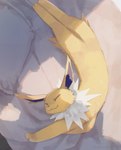 2024 :3 acting_like_a_cat ambiguous_gender bed eeveelution eyes_closed feral fur furniture generation_1_pokemon jolteon lying nagasaki_wonderful_polyester neck_tuft nintendo on_bed pokemon pokemon_(species) solo tuft yellow_body yellow_fur