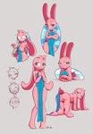 4_fingers all_fours anthro blue_eyes breasts clothed clothing crossed_arms disembodied_hand dress eyelashes featureless_feet feet female fingers fur genitals grey_background hi_res lagomorph leporid lilidae long_ears looking_down mammal nipples pink_body pink_fur pink_tail pussy rabbit scut_tail short_tail signature simple_background skimpy_dress sky solo standing tail teeth