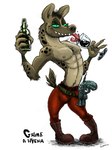 abs alcohol anthro beverage boots bottle bulge champagne_glass clothing container cup drinking_glass footwear fur glass glass_container glass_cup green_eyes grime_the_hyena gun handgun hi_res hyena jwbalsley male mammal markings nipples pecs pistol ranged_weapon sharp_teeth shirtless shoes simple_background smile solo spots spotted_body spotted_fur teeth tongue weapon white_background