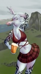 alcohol anthro beer beverage bottomwear bovid breasts caprine clothed clothing demicoeur digital_media_(artwork) ear_piercing eyes_closed female food goat grin high-angle_view highlands horn mammal moo_lawgoat outside pattern_bottomwear pattern_clothing pattern_skirt piercing plaid plaid_bottomwear plaid_clothing plaid_skirt scotland scottish_highlands skimpy skirt smile solo tattoo