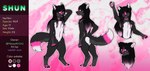 2021 absurd_res anthro black_body black_fur black_hair butt butt_heart canid canine canis digital_media_(artwork) english_text femboy fur hair hi_res hindpaw long_hair looking_at_viewer male mammal model_sheet nude paws piercing pink_body pink_eyes pink_fur pink_hair shun_(messy) simple_background smile solo standing text tongue tongue_out valdith_zam white_body white_fur wolf