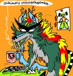 anthro beverage chair coffee computer_mouse dart eyebrows fangs female fur furniture industrialwolf_(character) keyboard multicolored_body multicolored_fur orange_background pox_(artist) simple_background solo speech_bubble teeth thick_eyebrows zeriara_(character)