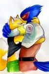 anthro avian bird black_clothing black_shirt black_topwear blue_body blue_feathers blue_fur blush canid canine clothed clothing duo eyes_closed falco_lombardi feathers fox fox_mccloud fur hi_res hug jacket male male/male mammal nintendo orange_body orange_fur shirt signature simple_background size_difference star_fox tank_top topwear traditional_media_(artwork) ulala_ko white_background white_clothing white_jacket white_topwear