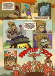 blin_(tloz) blonde_hair blue_eyes bokoblin breath_of_the_wild clothed clothing comic dialogue eating eating_food english_text food gerudo group hair hi_res horn humanoid humanoid_pointy_ears hylian link male nintendo onomatopoeia outside pointy_ears ripushko sound_effects standing text the_legend_of_zelda