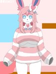 3:4 anthro anthrofied big_breasts biped blue_eyes blush breasts butt camel_toe clothed clothing eeveelution ercha1 female female_anthro fur generation_6_pokemon hi_res mammal nintendo pokemon pokemon_(species) pokemorph solo sylveon tail