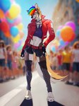 absurd_res adolescent anthro balto_star canid canine canis clothed clothing hi_res legwear male mammal parade pose pride rainbow ruusen solo_focus stockings wolf young