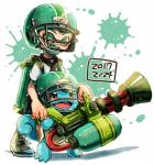 2017 animal_humanoid armor cephalopod cephalopod_humanoid crossover duo generation_1_pokemon gun handgun harutarou headgear helmet hi_res humanoid inkling male marine marine_humanoid mini_splatling mollusk mollusk_humanoid nintendo open_mouth open_smile pokemon pokemon_(species) ranged_weapon smile splatling splatoon squirtle weapon