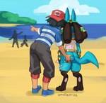 ambiguous_gender anthro ash_ketchum beach biped butt butt_grab day duo generation_4_pokemon hand_on_butt hi_res holowear_(pokemon) human human_on_anthro interspecies lucario male male/ambiguous mammal nintendo outside pokemon pokemon_(species) pokemon_unite pokephilia rear_view ruins_style_lucario sea seaside shaded sky smolevn squish standing water