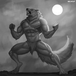 1:1 2023 abs absurd_res anthro artist_name belwulf biceps biped bottomwear canid canine canis clothing digital_media_(artwork) digitigrade eyebrows full_moon fur greyscale hi_res loincloth male mammal monochrome moon muscular muscular_anthro muscular_male muscular_thighs mythological_canine mythological_creature mythology navel night open_mouth outside pecs pose quads sky solo tail teeth thick_thighs tongue werecanid werecanine werecreature werewolf whiskers wolf