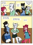 3_panel_comic anthro aunt_(lore) aunt_and_niece_(lore) canid canine clothing colleen_(masterofall) comic dancing domestic_cat english_text felid feline felis female female/female fiona_(artist) fox group hi_res mammal marble_fox midriff navel niece_(lore) red_fox shey_(thewrittenvixen) text trio true_fox undressing viola_(masterofall) young young_anthro