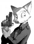 2016 4_fingers anthro black_and_white canid canine clothed clothing disney dithering fingers fox frown fur gun handgun holding_arm holding_gun holding_object holding_ranged_weapon holding_weapon looking_back male mammal monochrome necktie nick_wilde pistol raizinndx ranged_weapon red_fox shirt side_view simple_background solo topwear true_fox weapon white_background zootopia