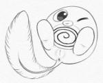 2015 amphibian anus female female_feral feral generation_1_pokemon genitals graphite_(artwork) looking_at_viewer low_res monochrome nintendo one_eye_closed pokemon pokemon_(species) poliwag pussy simple_background solo tadpole traditional_media_(artwork) white_background wink yaroul