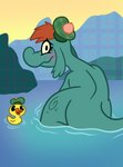 absurd_res bathing blush butt clothing detailed_background disney eyebrows eyelashes female flat_texture hair hat hat_only headgear headgear_only headwear headwear_only hi_res lake loch_ness_monster looking_at_viewer looking_back mcquack_(nessie) mostly_nude nessie_(disney) non-mammal_hair partially_submerged pattern_clothing pattern_headgear pattern_headwear plaid plaid_clothing plaid_headgear plaid_headwear rear_view red_hair reptile rubber_duck scalie solo tam_o'_shanter the_ballad_of_nessie toony water weirdkoaladream