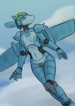 a-10 aida_(vawfag) aircraft airplane anthro armor_plates blue_body breasts female flying green_eyes green_sclera hi_res joints living_aircraft living_machine living_vehicle machine navel non-mammal_breasts not_furry robot robot_anthro robot_ears sealer4258 simple_background sky small_breasts solo vehicle wings