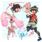 2020 ambiguous_gender antenna_heart antennae_(anatomy) anthro axel_(poke789) black_sclera blue_body blue_eyes bodily_fluids body_swap bottomwear brown_body brown_hair clothing featureless_butt female_(lore) generation_4_pokemon group hair heart_swap heart_symbol hi_res human layered_heart legendary_pokemon lopunny male mammal manaphy nintendo on_one_leg pink_eyes pokemon pokemon_(species) pokemon_move psibunny shirt shorts simple_background smile standing surprise sweat sweatdrop tail tail_motion tailwag topwear