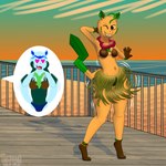 1:1 absurd_res anklet anthro beach blue_body blue_fur blue_hair brown_body brown_eyes brown_fur clothing coconut_bra cutaway dancing duo ear_piercing ear_ring eeveelution expression_cutaway female flower_garland fur generation_4_pokemon glaceon grass_skirt green_body green_fur hair heart_eyes heart_symbol hi_res hula_dancer jewelry leafeon lei lisa_devellis marissa_reinhart motion_lines navel nintendo one_eye_closed panties piercing pokemon pokemon_(species) ring_piercing scoutthecat02 sea smile sunset tail tail_motion tailwag tan_body tan_fur underwear water wink