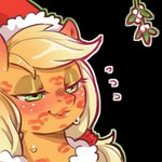 1:1 after_kiss alpha_channel applejack_(mlp) blush bodily_fluids christmas christmas_clothing christmas_headwear clothing cold-blooded-twilight ear_blush earth_pony equid equine female feral freckles friendship_is_magic hasbro hat headgear headshot_portrait headwear holidays horse kiss_mark lipstick_on_face mammal mistletoe my_little_pony plant pony portrait santa_hat simple_background solo sweat transparent_background