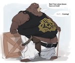 3_toes 4_fingers anthro bear belly belly_overhang belt belt_buckle ben_bigger big_belly black_belt black_sclera black_text bottomwear breath brown_bear brown_body brown_fur buckle cane chubby_cheeks clothing crate delivery_(commerce) disembodied_voice exclamation_point fat_rolls fattybread feet fingers food_delivery fur graphic_shirt grizzly_bear hi_res looking_aside looking_at_another male mammal mihoyo moobs obese obese_anthro obese_male offscreen_character overweight overweight_anthro overweight_male panting pants pizza_delivery sleeveless_shirt solo stretch_marks text toes tuft ursine weight_gain white_bottomwear white_clothing white_pants zenless_zone_zero